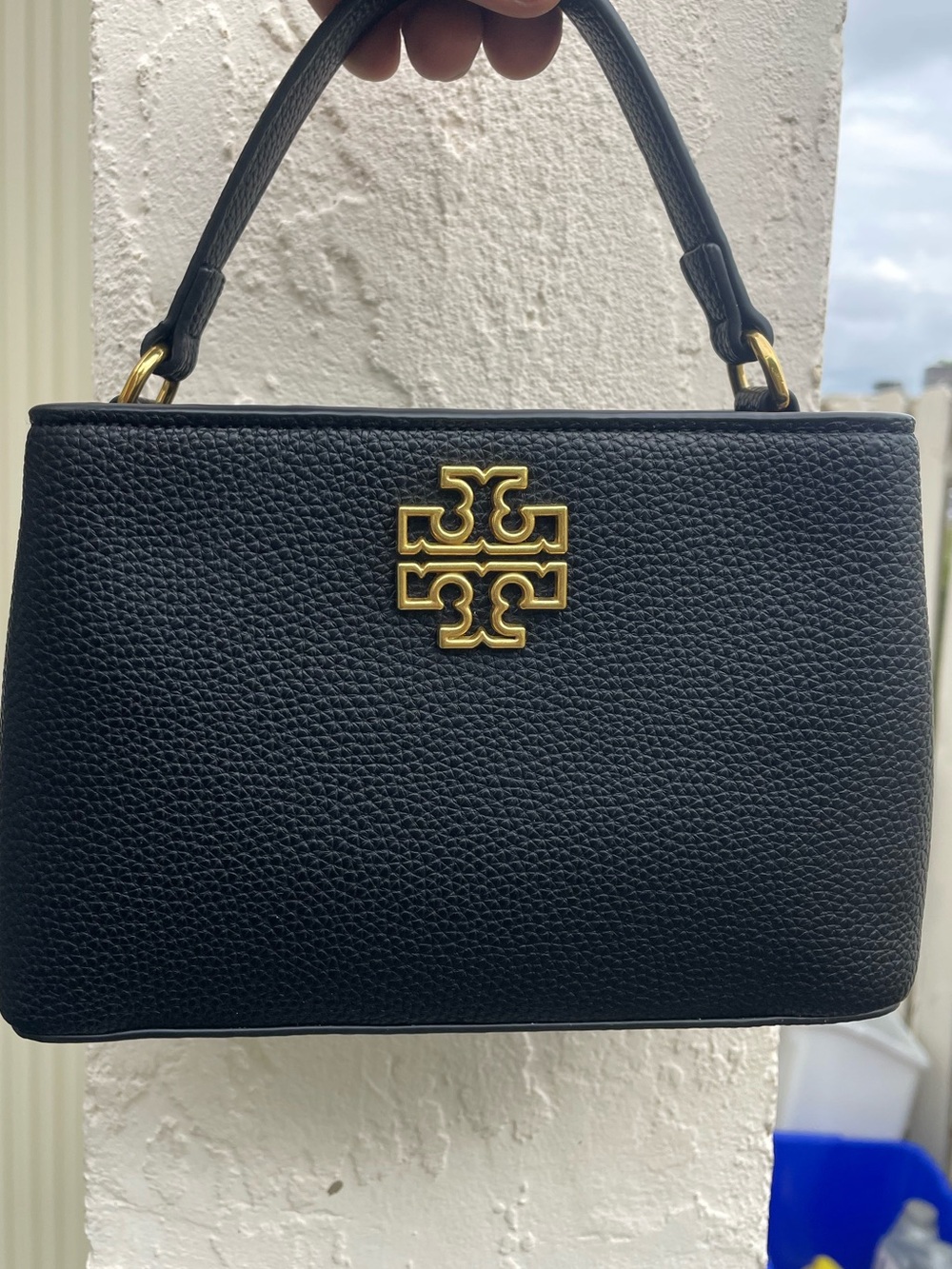 Tory Burch Black Pebbled Leather Mini Top-Handle with Gold Logo
